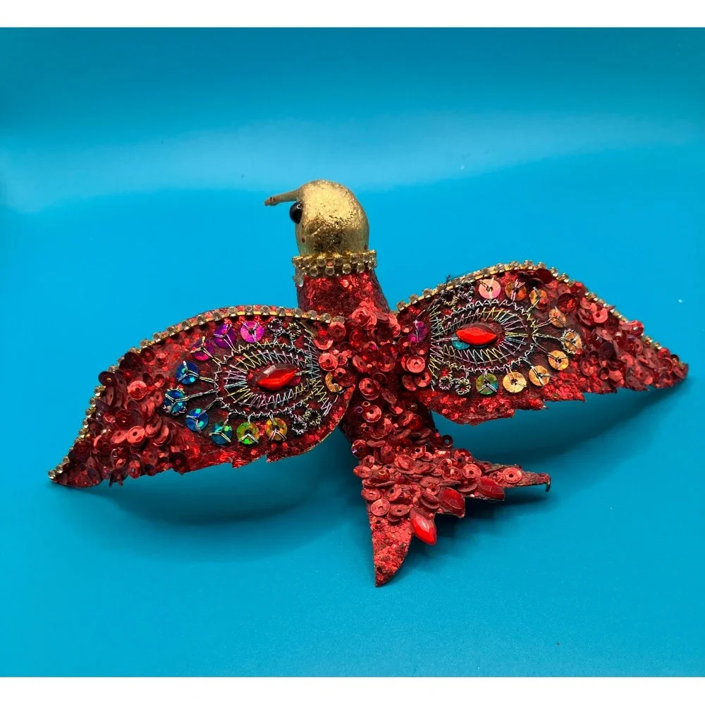 Pier 1 Hummingbird Ornament OS Red Gold Sequin Beaded Clip On Vintage